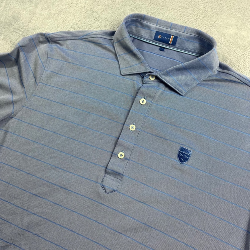 Stitch Golf Mens Blue Striped Performance Polo Shirt Short Sleeve Size Large